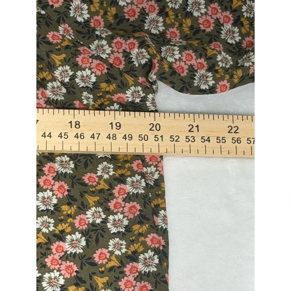 LOFT Womens Floral Tie Neck Puff Sleeve Blouse Olive Green Pink Small